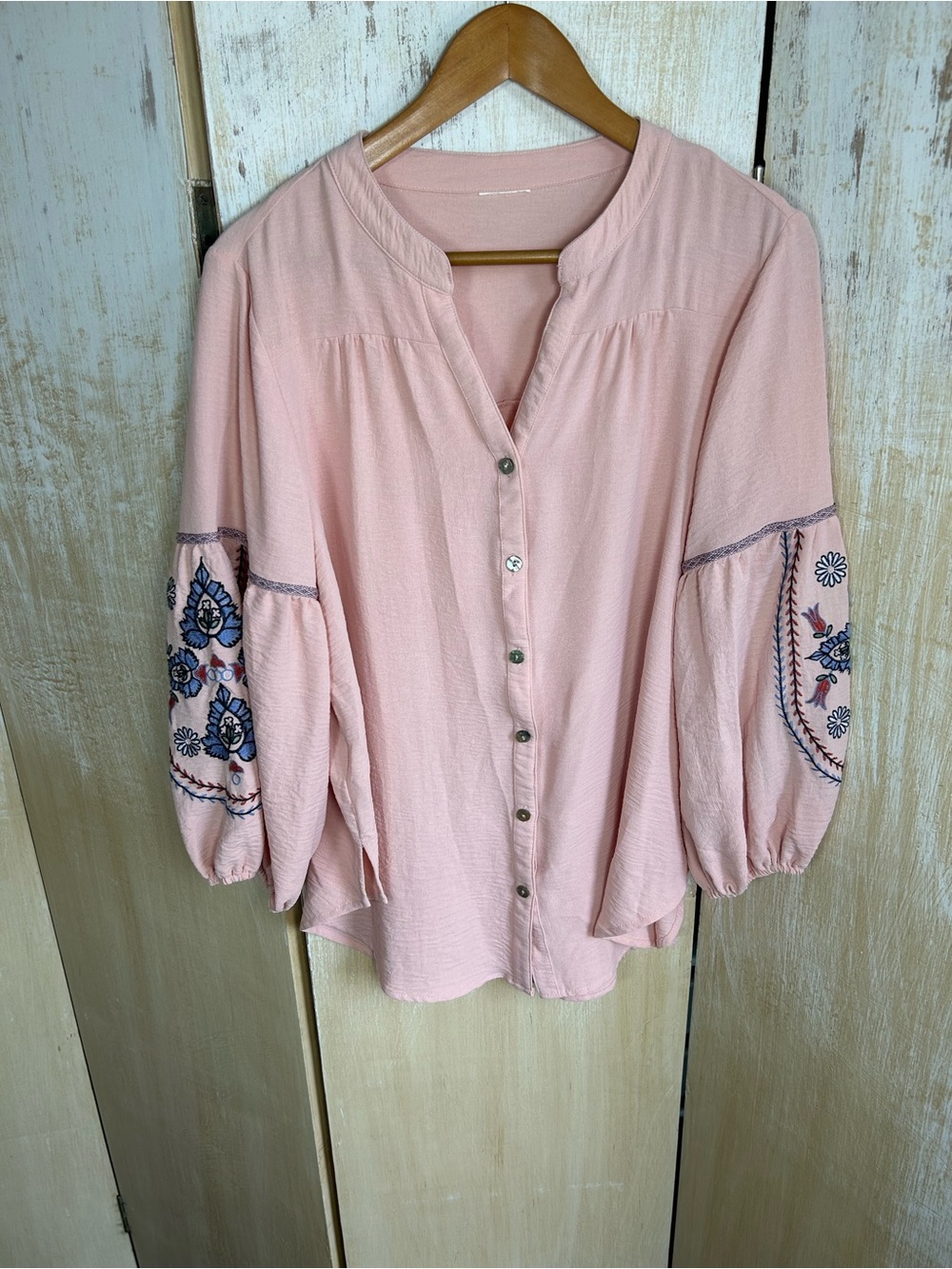 Women's Pink Embroidered Button-Front Top